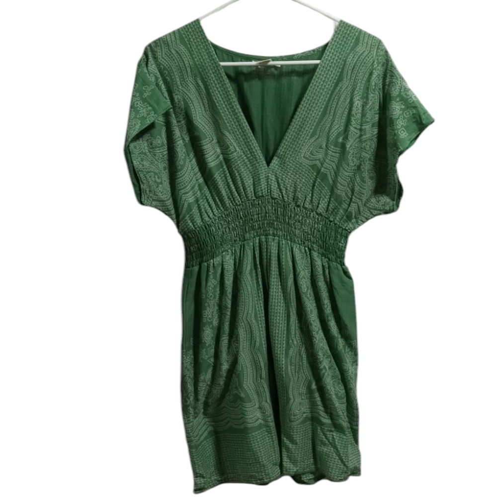 Women's Blue Plate Green V-Neck Dress
